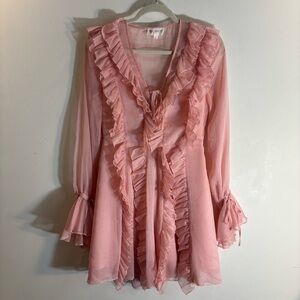L'ATISTE Sz S Blush Pink Sheer Dress with Ruffles And Ballon Sleeves Lined Ties